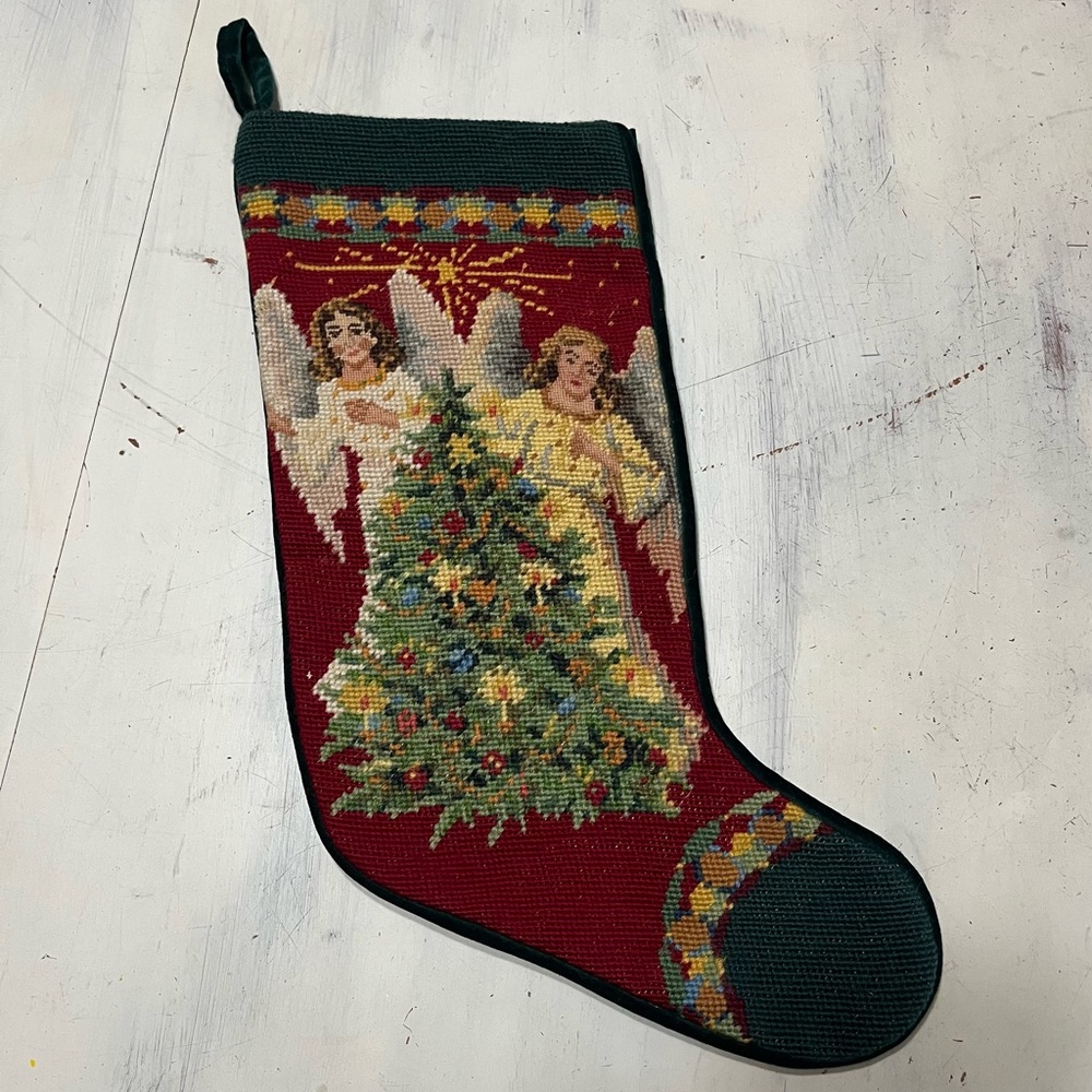 Vintage Wool Needlepoint By Hand Angels Christmas Stocking Velvet Back